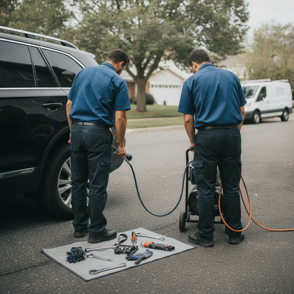Create a realistic, professional service-business photograph showing Tire Pressure Adjustment from behind, with the backs of their heads visible. Do not show any faces, facial features, front-facing views or side views, profiles, or identif