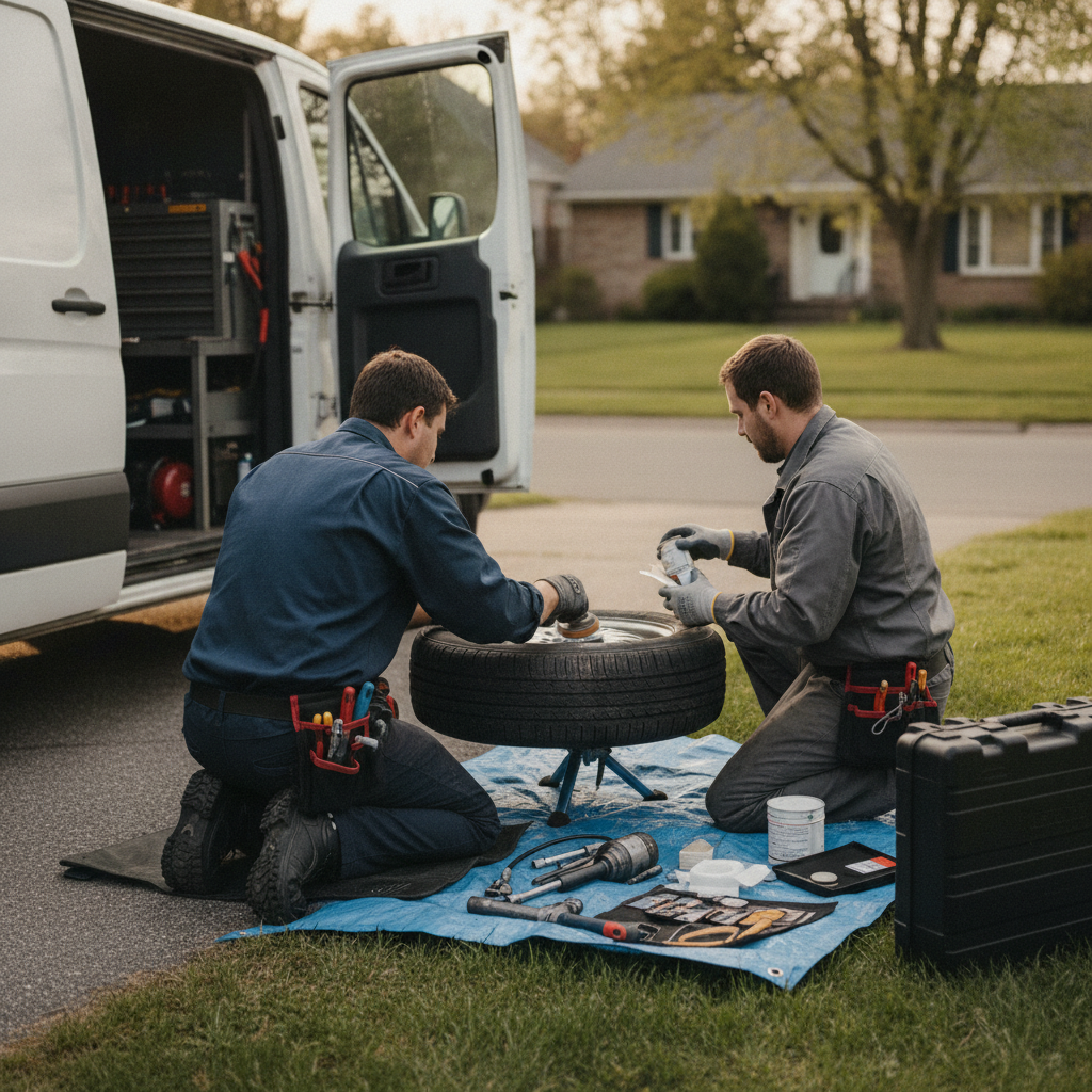 Create a realistic, professional service-business photograph showing Tire Patching from behind, with the backs of their heads visible. Do not show any faces, facial features, front-facing views or side views, profiles, or identifiable peopl
