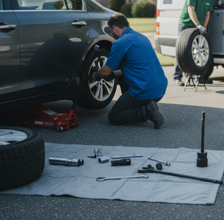 Create a realistic, professional service-business photograph showing Tire Rotation from behind, with the backs of their heads visible. Do not show any faces, facial features, front-facing views or side views, profiles, or identifiable peopl