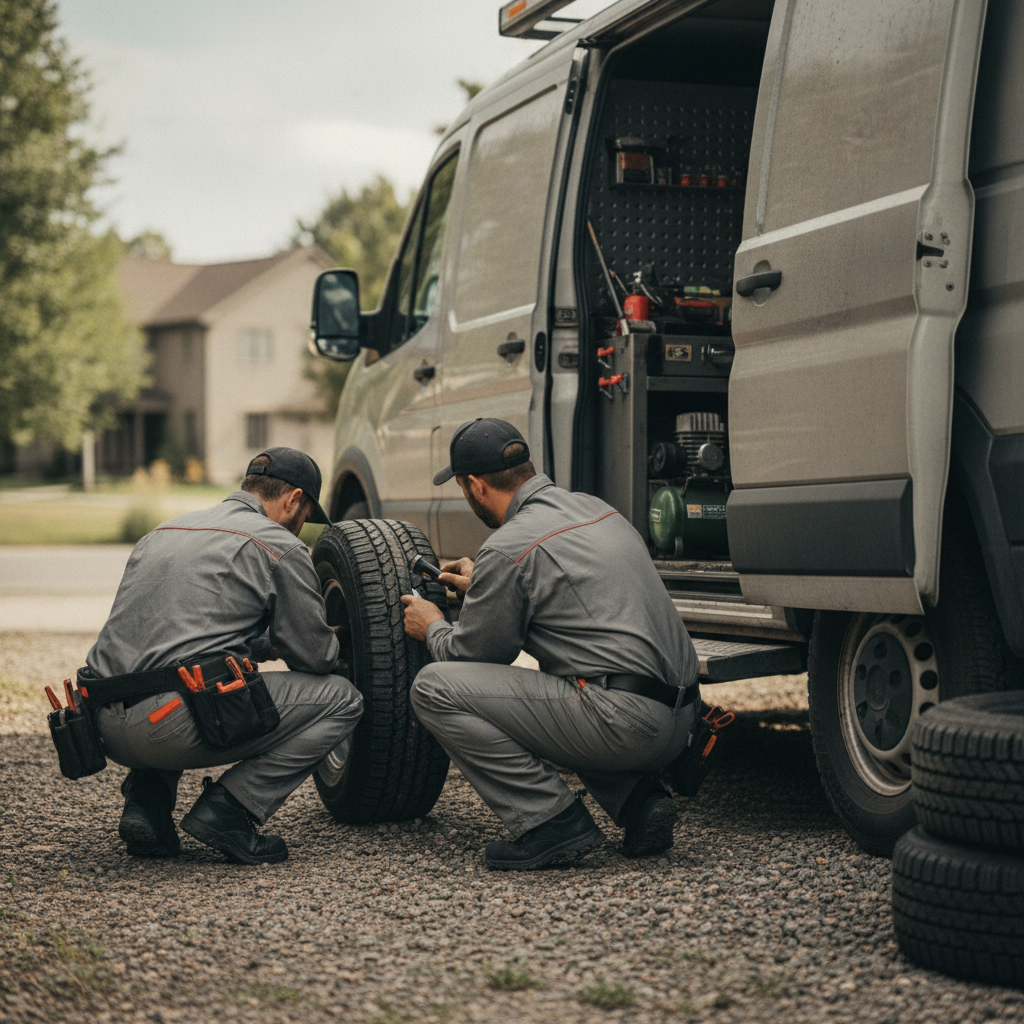 Create a realistic, professional service-business photograph showing Tire Inspection from behind, with the backs of their heads visible. Do not show any faces, facial features, front-facing views or side views, profiles, or identifiable peo